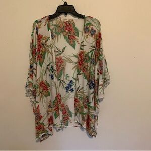 Umgee Tropical Floral Open Front Kimono Pom Poms Vacation Resort Size Med Large